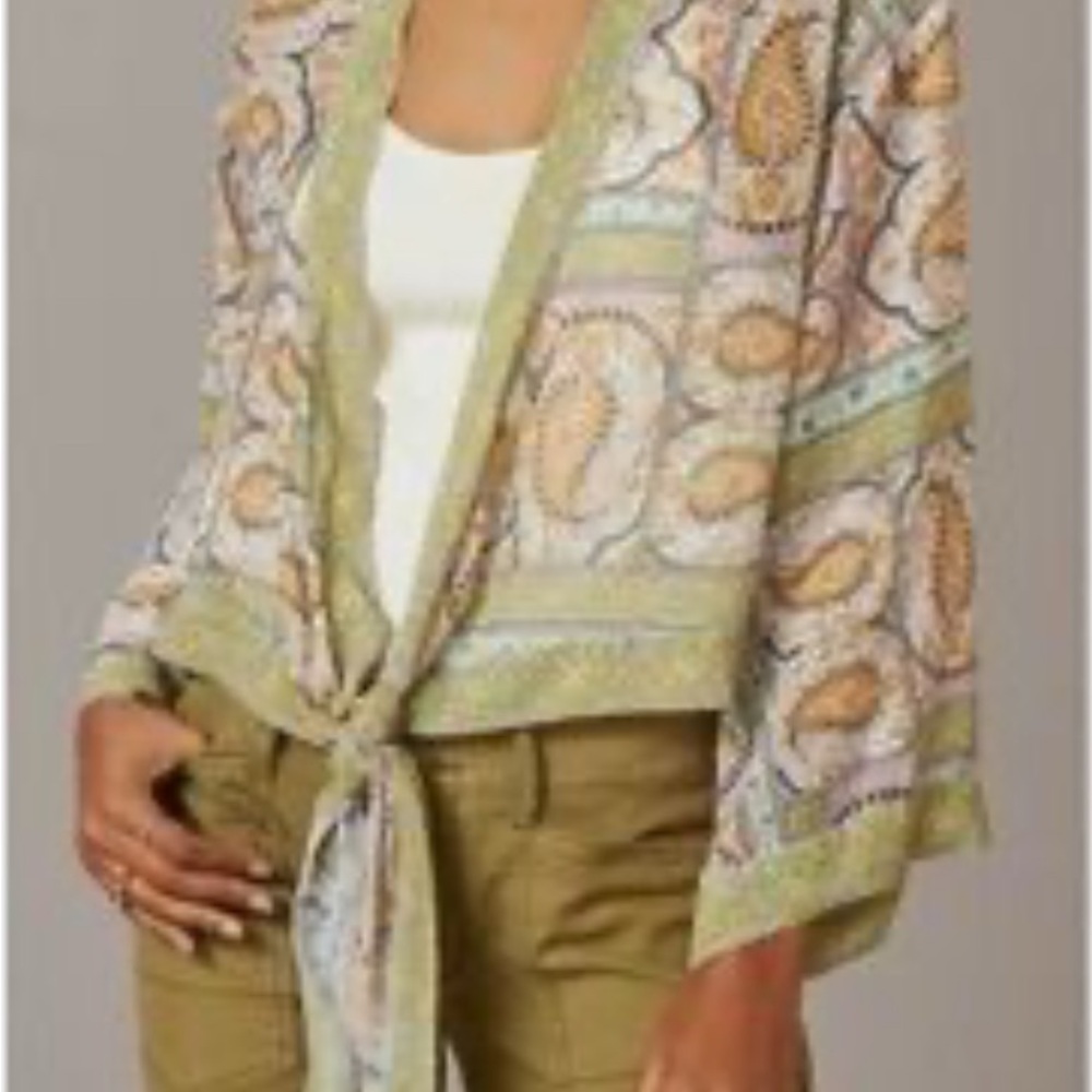 #649 Anthropologie Kimono Chartreuse Green Paisley Sheer Tie Front One Size